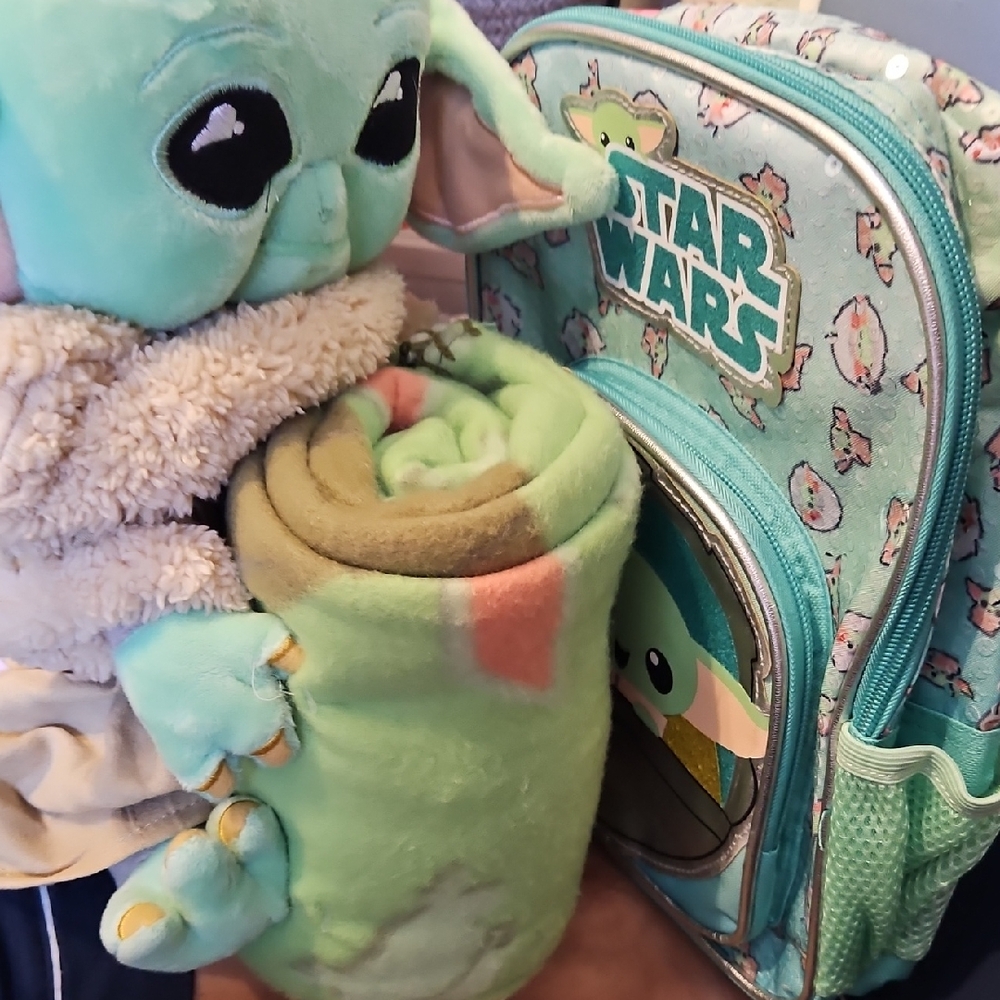 Star Wars Green and Blue Baby Yoda Bundle- Blanket, Stuffy, Backpack
